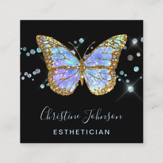 エステティシャンフェイクグリッターブルーバタフライデザイン スクエア名刺 (正面)