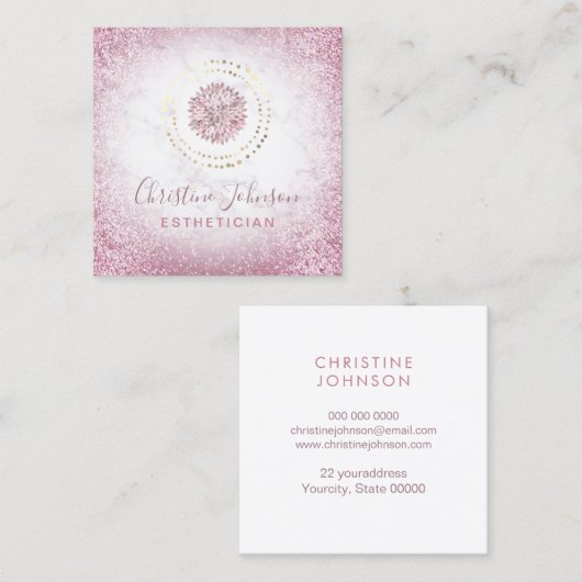 エステティシャンフェイクピンクグリッターダリア スクエア名刺 (正面/裏面)