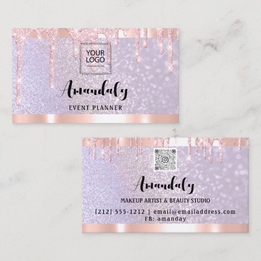 エステティシャンラッシュ爪、 ネイルヘアQRCodeロゴパープルローズ 名刺 (正面/裏面)