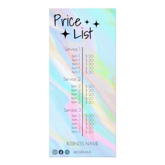 エステティシャン価格表メニュー虹ホログラフィック ラックカード (正面)