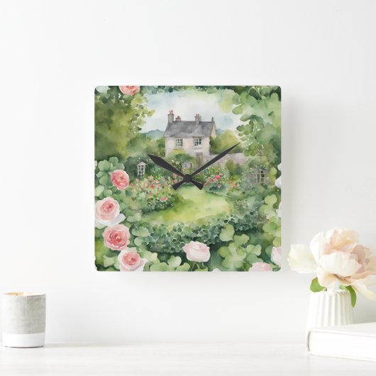 エステティックウォーターカラーアイリッシュビレッジコテージバラ スクエア壁時計 (ホーム)