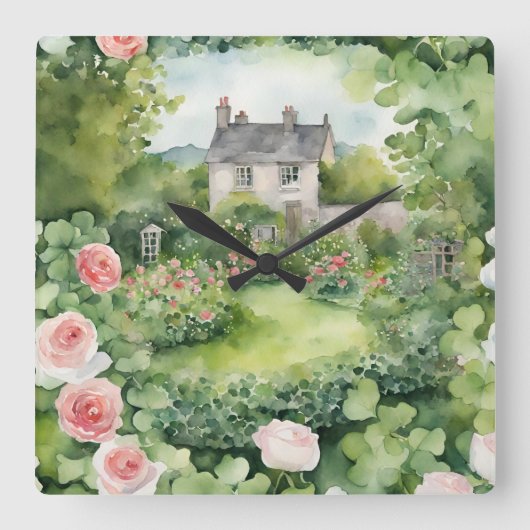 エステティックウォーターカラーアイリッシュビレッジコテージバラ スクエア壁時計 (正面)
