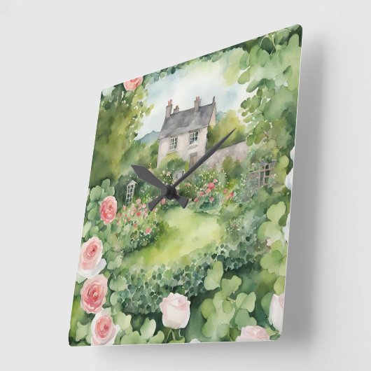 エステティックウォーターカラーアイリッシュビレッジコテージバラ スクエア壁時計 (傾斜)