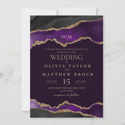 エステティックダークブラックと金ゴールド結婚式招待状 招待状 (正面)