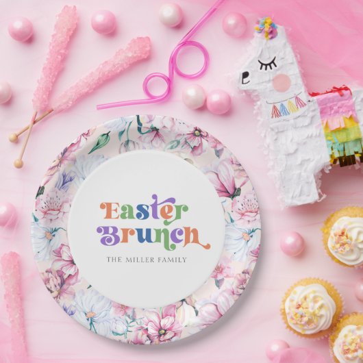 エステティックフラワーイースターブランチレトロタイポグラフィ ペーパープレート (パーティー)