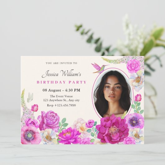 エステティックフラワーフォト誕生日招待状 招待状 (スタンド正面)