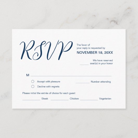 エステティック·ネービー·ブルー、結婚式のRSVP、対応 エンクロージャーカード (正面)