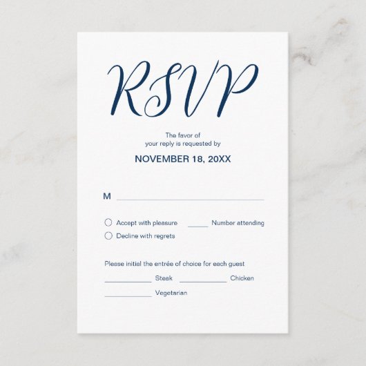 エステティック·ネービー·ブ結婚ルー、ディナーRSVP、対応 エンクロージャーカード (正面)