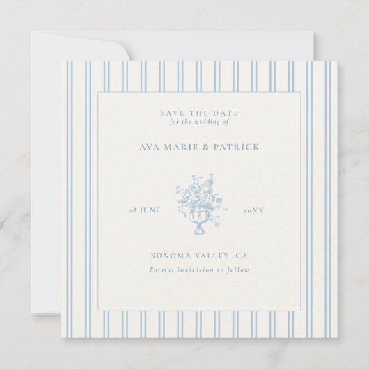 エステートシックストライプブルーフローラ花瓶写真結婚ズ セーブザデート (正面)