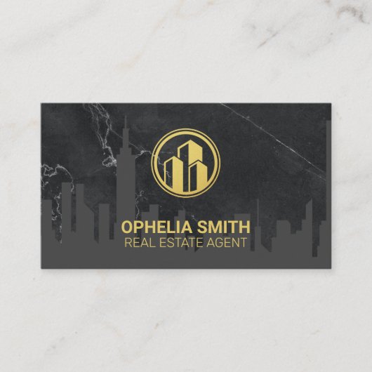 エステート実在エージェントシティスケープ大理石 | 金ゴールド建物 名刺 (正面)