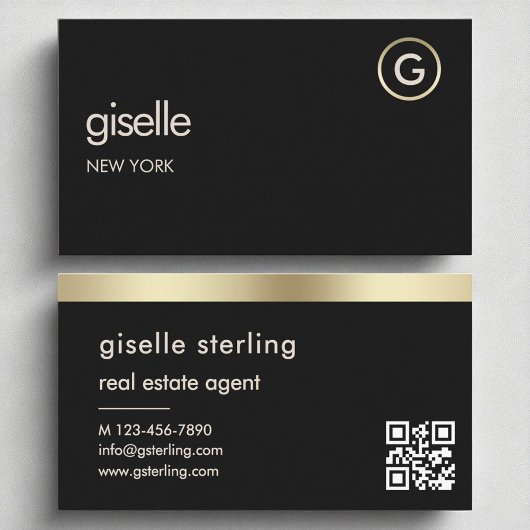 エステート実在エージェントブラックQRコードゴールドフォイル 名刺