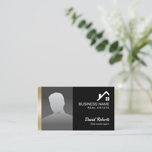 エステート実在エージェントプロフェッショナルブラック&金ゴールド写真 名刺 (スタンド正面)