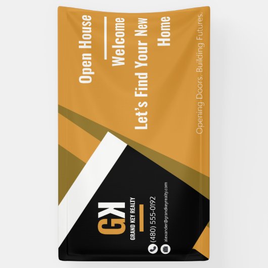 エステート実在オープンハウス | ブラック&金ゴールド不動産仲介業者 横断幕 (縦)