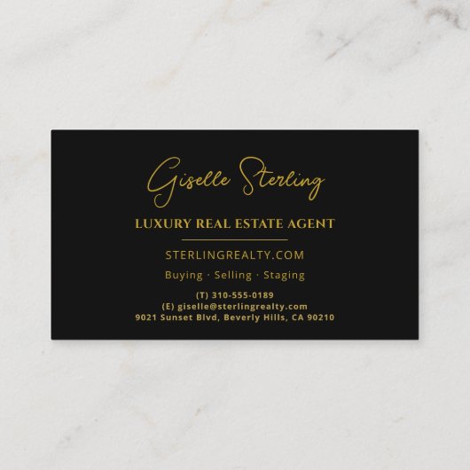 エステート実在ブラック金ゴールドスクリプトラグジュアリープロフェッショナル 名刺 (裏面)
