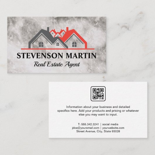エステート実在ホームズロゴ |大理石テクスチャ | QRコード 名刺 (正面/裏面)
