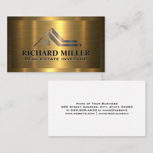 エステート実在ルーフ |メタリック金ゴールドオン金ゴールド 名刺 (正面/裏面)