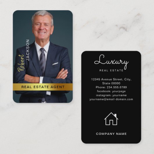 エステー実在トエージェント不動産仲介業者ブラック金ゴールドカスタム写真 名刺 (正面/裏面)