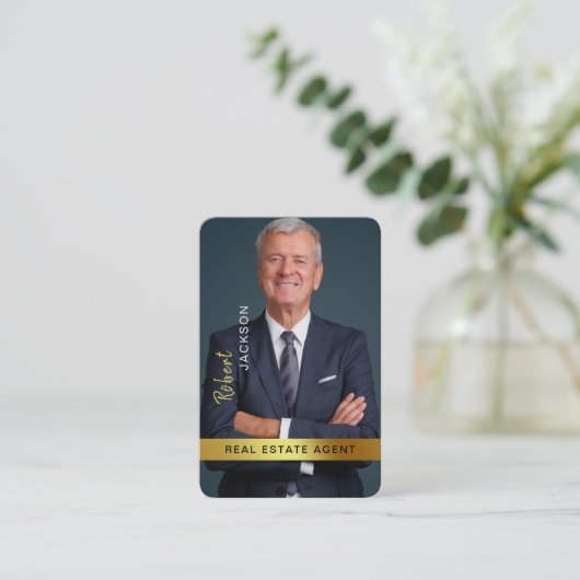 エステー実在トエージェント不動産仲介業者ブラック金ゴールドカスタム写真 名刺 (スタンド正面)