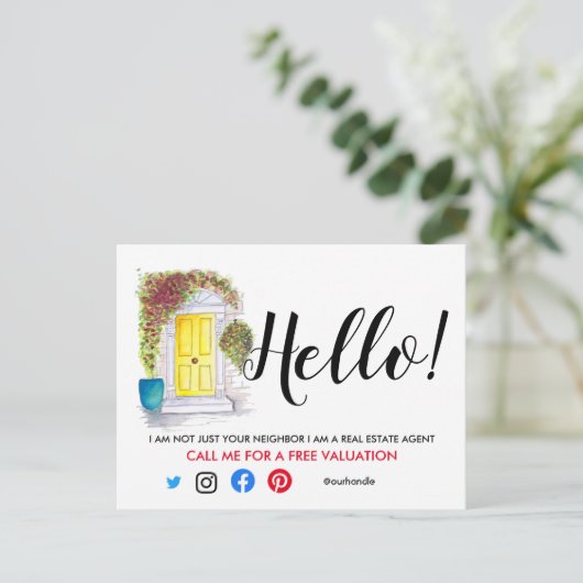 エステー実在トエージェントHELLOイエローフロントドア販売 案内ポストカード (スタンド正面)