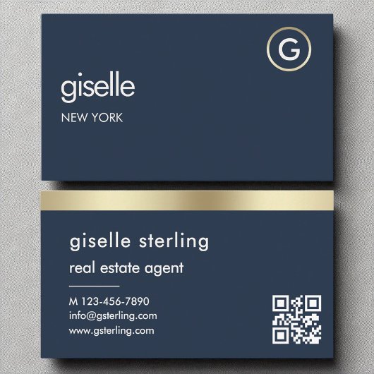 エステー実在ト代理海軍ブルーQRコード金ゴールドモノグラム 名刺