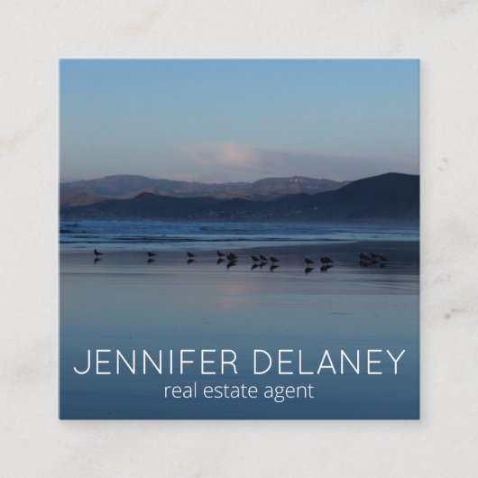 エステー実在モダントビーチ波鳥サンセット写真 スクエア名刺 (正面)