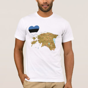 エストニアの旗のハートおよび地図のTシャツ Tシャツ