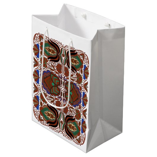 エストニアの素朴なフォークアートの花のパターン ミディアムペーパーバッグ (正面アングル)