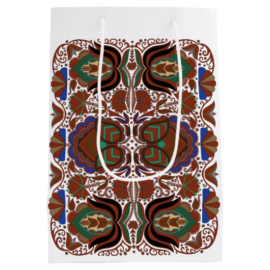 エストニアの素朴なフォークアートの花のパターン ミディアムペーパーバッグ (裏面)