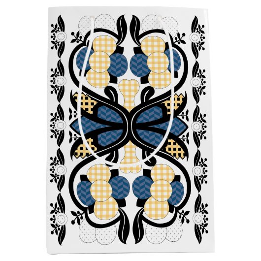 エストニアの青と黄色のフローラフォークアート ミディアムペーパーバッグ (正面)