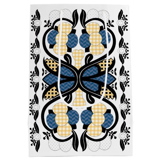 エストニアの青と黄色のフローラフォークアート ミディアムペーパーバッグ (裏面)