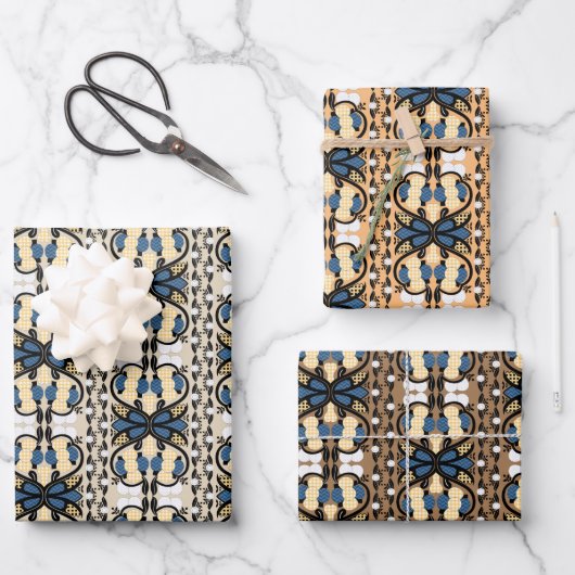 エストニアの青と黄色のフローラフォークアート ラッピングペーパーシート (正面)