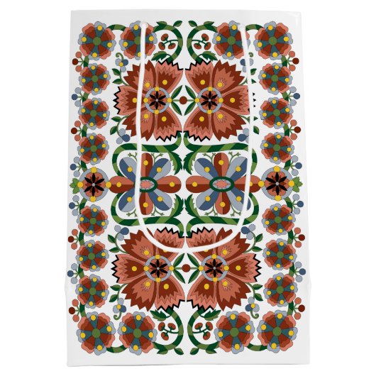 エストニアアンティークフォークアートデザインと花 ミディアムペーパーバッグ (裏面)