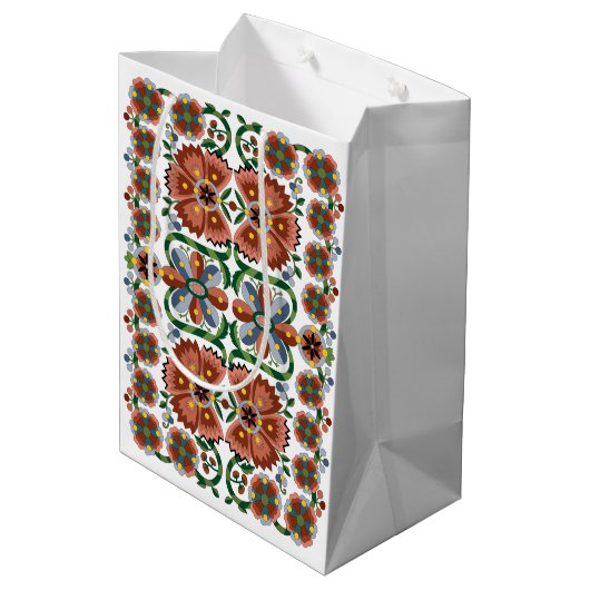 エストニアアンティークフォークアートデザインと花 ミディアムペーパーバッグ (裏面アングル)