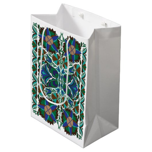エストニアブルーヴィンテージフォークアートの花のパターン ミディアムペーパーバッグ (正面アングル)