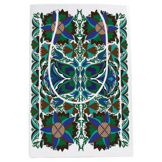 エストニアブルーヴィンテージフォークアートの花のパターン ミディアムペーパーバッグ (正面)