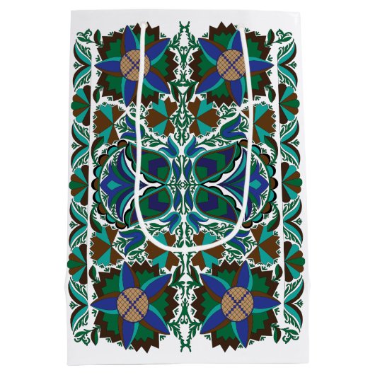 エストニアブルーヴィンテージフォークアートの花のパターン ミディアムペーパーバッグ (裏面)