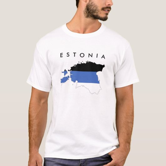エストニア国旗の地図シェイプシンボル文字名 Tシャツ (正面)