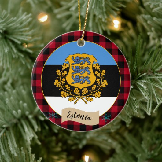 エストニア、レッドバッファロー・プレイド&エストニア国旗 セラミックオーナメント (ツリー)