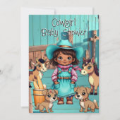 エスニックかわいい女性のカーボーイベビーシャワーティール（緑がかった色）ピンクペット 招待状 (正面)