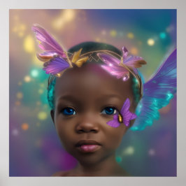 エスニックかわいい小さな女の子バタフライパープルティール（緑がかった色） ポスター