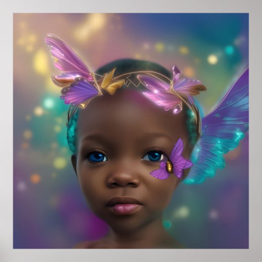 エスニックかわいい小さな女の子バタフライパープルティール(緑がかった色) ポスター (正面)