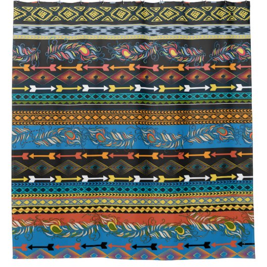 エスニックの羽:刺繍ボホシック シャワーカーテン (正面)