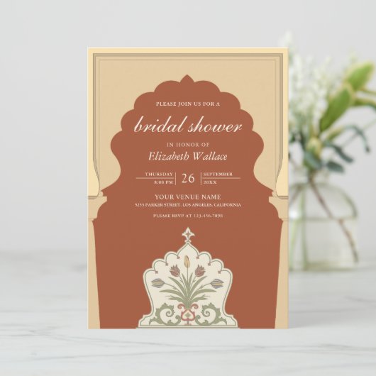 エスニックインディアンアイボリーアーチテラコッタブライダルシャワー 招待状 (スタンド正面)
