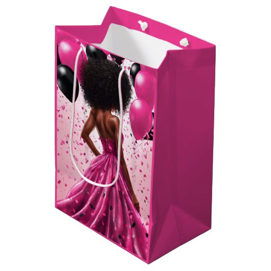 エスニックウーマンピンク&ブラックエレガント誕生日 ミディアムペーパーバッグ (正面アングル)
