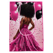 エスニックウーマンピンク&ブラックエレガント誕生日 ミディアムペーパーバッグ (裏面)