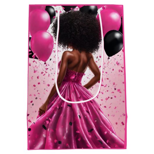 エスニックウーマンピンク&ブラックエレガント誕生日 ミディアムペーパーバッグ (裏面)