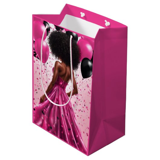 エスニックウーマンピンク&ブラックエレガント誕生日 ミディアムペーパーバッグ (裏面アングル)