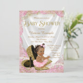 エスニックガールハイヒールシューピンク金ゴールド赤ちゃんシャワー 招待状 (スタンド正面)