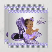 エスニックガールパープルグレーハイヒールシューベビーシャワー 招待状 (正面/裏面)