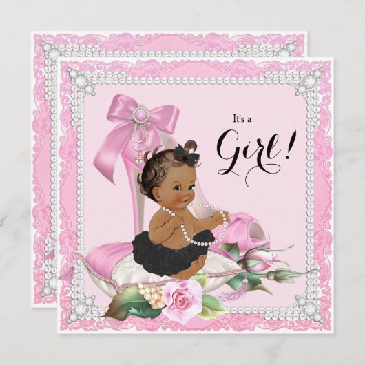 エスニックガールパールハイヒールシューベビーシャワー 招待状 (正面/裏面)